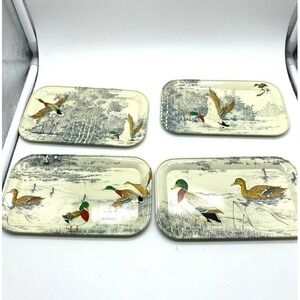 Massilly France Vintage Set of 4 Tin Duck snack Trays 7x4 Mid Century